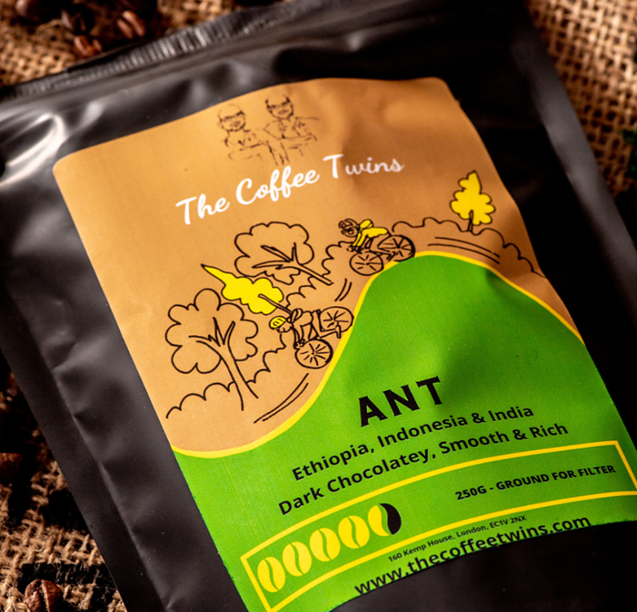 A speciality coffee bag with the name of 'Ant'.  The bag lying down