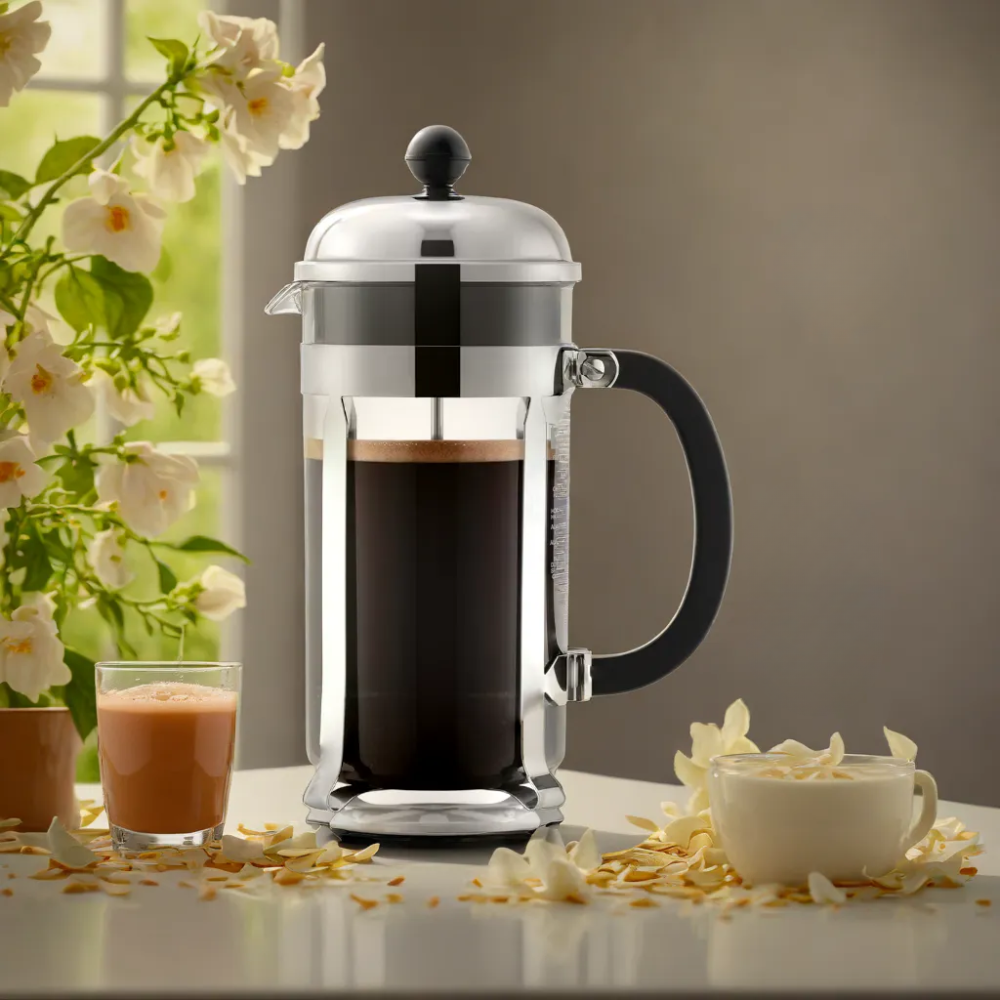 bodum french press sat on a kitchen worktop with cherry blossoms on the side with the sunlight shining through the glass window panel