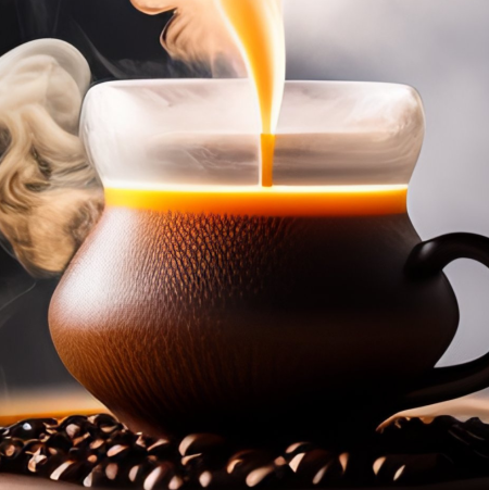 drip coffee sat on a saucer with coffee beans with steam coming out of the mug