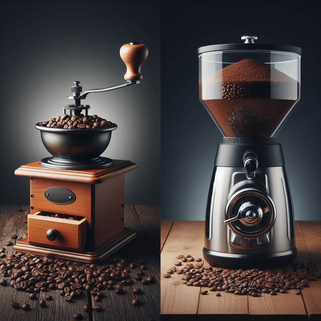 A compararion between manual coffee grinder on the left and electric grinder on the right