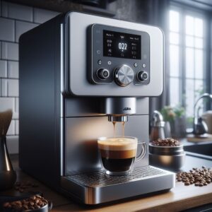 Bean to cup machine with a latte being poured ontop of the drip tray. placed in the kitchen