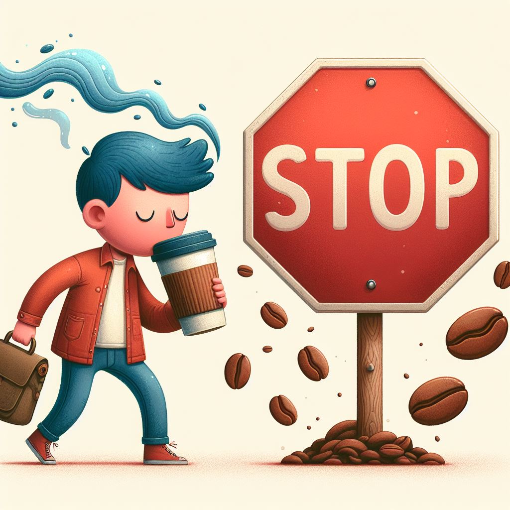 cartoon character of a man drinking coffee infront of a big red sign saying stop with coffee beans around the sign