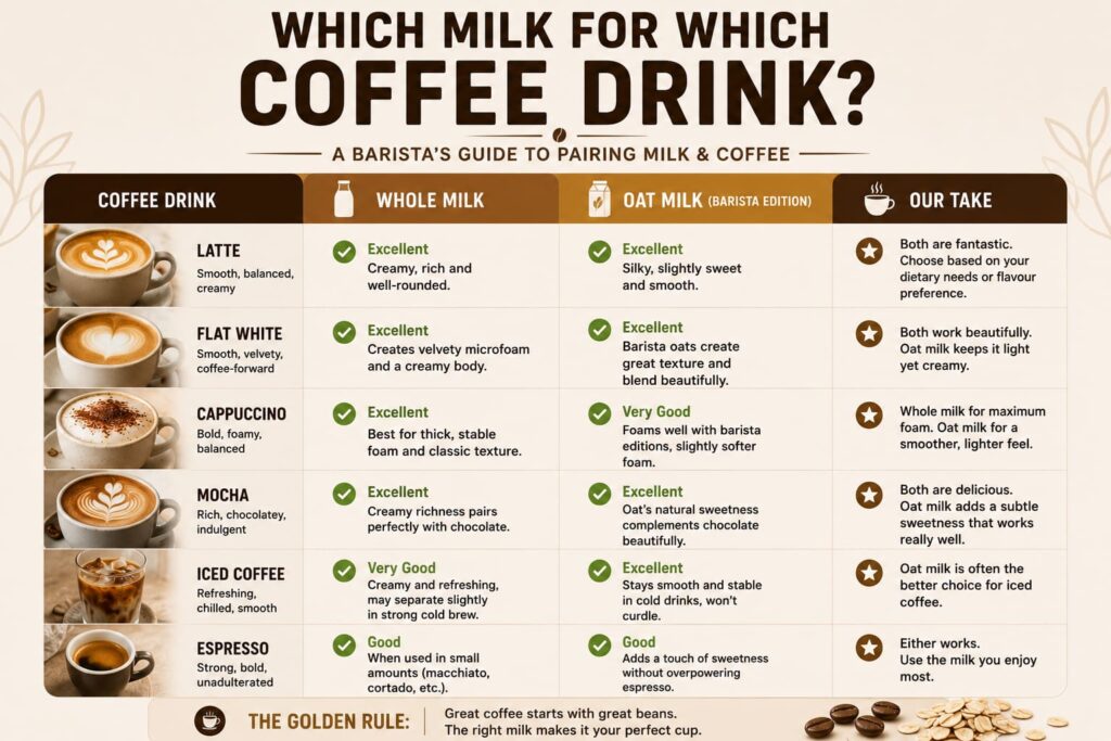 Infographic titled "Which Milk for Which Coffee Drink?" featuring a comparison table that matches whole milk and barista oat milk with different coffee drinks, including lattes, flat whites, cappuccinos, mochas, iced coffee, and espresso. Each row includes a photo of the drink, ratings for how well each milk works, and barista recommendations. The guide highlights that both milks perform excellently in most drinks, with whole milk offering a richer, more traditional experience and oat milk providing a smoother, plant-based alternative. A banner at the bottom reads: "The Golden Rule: Great coffee starts with great beans. The right milk makes it your perfect cup."