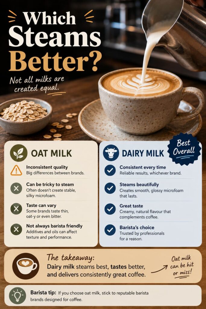 An infographic titled “Which Steams Better?” compares oat milk and dairy milk for coffee. A close-up photo of milk being poured into a latte with latte art sits at the top. Two side-by-side panels list the pros and cons of each option. The oat milk panel notes inconsistent quality between brands, variable taste, difficulty producing stable microfoam, and the fact that some products are not barista friendly. The dairy milk panel highlights reliable steaming performance, smooth and glossy microfoam, creamy flavour, and its popularity among baristas. A badge labels dairy milk as “Best Overall.” At the bottom, a takeaway message states that dairy milk steams best, tastes better, and delivers consistently great coffee, while a barista tip recommends choosing reputable barista-formulated oat milk brands if using oat milk.