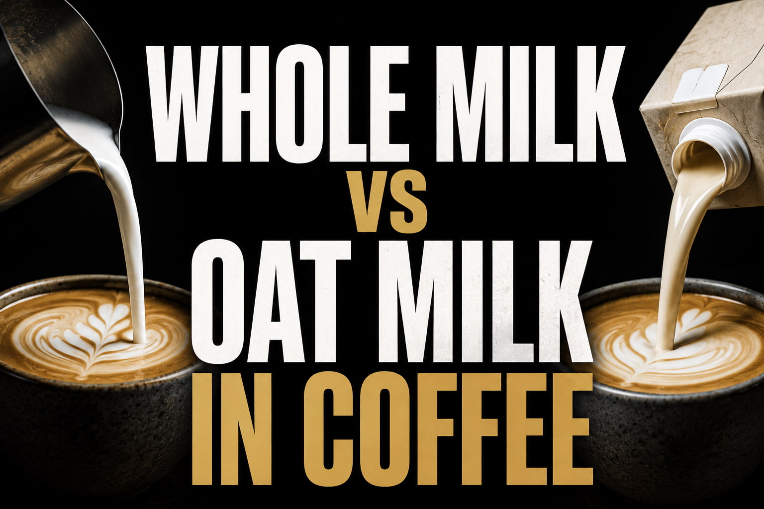 Hook image featuring a dramatic black background with two cups of latte art side by side. On the left, whole milk is being poured from a metal milk pitcher into a coffee cup, and on the right, oat milk is being poured from a carton into another cup. Large, bold text is stacked in the centre reading "WHOLE MILK VS OAT MILK IN COFFEE" in white and gold lettering, creating a high-contrast, Sabri Suby-style blog thumbnail designed to remain fully visible on blog post cards and featured image previews.