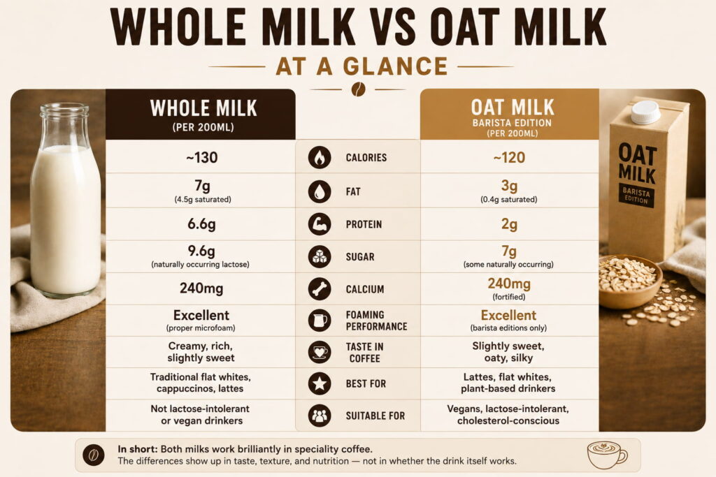 Infographic titled "Whole Milk vs Oat Milk at a Glance" comparing whole milk and barista oat milk side by side for coffee. The chart covers calories, fat, protein, sugar, calcium, foaming performance, taste in coffee, best uses, and suitability for different drinkers. A glass bottle of whole milk appears on the left, while a carton of oat milk and oats are shown on the right. The infographic concludes that both milks work brilliantly in speciality coffee, with the main differences being taste, texture, and nutrition rather than whether the coffee itself works.