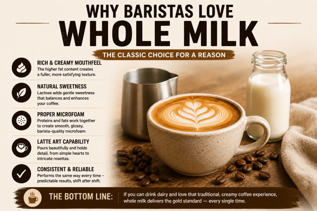 Infographic titled "Why Baristas Love Whole Milk" on a warm cream background, explaining why whole milk remains the classic choice for coffee. The graphic highlights five benefits: rich and creamy mouthfeel, natural sweetness, proper microfoam, excellent latte art capability, and consistent, reliable performance. A latte with heart-shaped latte art sits beside a milk bottle and milk pitcher on a wooden table, surrounded by roasted coffee beans. A banner at the bottom reads: "If you can drink dairy and love that traditional, creamy coffee experience, whole milk delivers the gold standard — every single time."