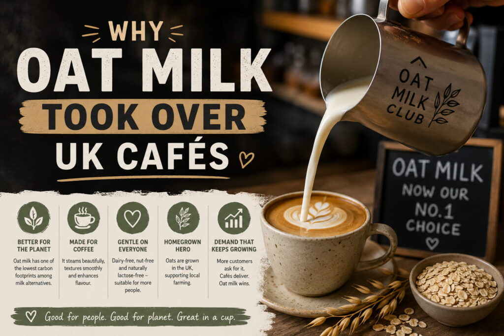 A warm, infographic-style image about the rise of oat milk in UK cafés. On the left, large bold text reads “Why Oat Milk Took Over UK Cafés.” On the right, oat milk is being poured from a metal pitcher into a latte with latte art in a ceramic cup. Along the bottom are illustrated icons and short callouts highlighting reasons for oat milk’s popularity, including environmental benefits, suitability for coffee, and growing consumer demand. A small bowl of rolled oats and a chalkboard sign about oat milk sit beside the coffee, creating a cozy café atmosphere.