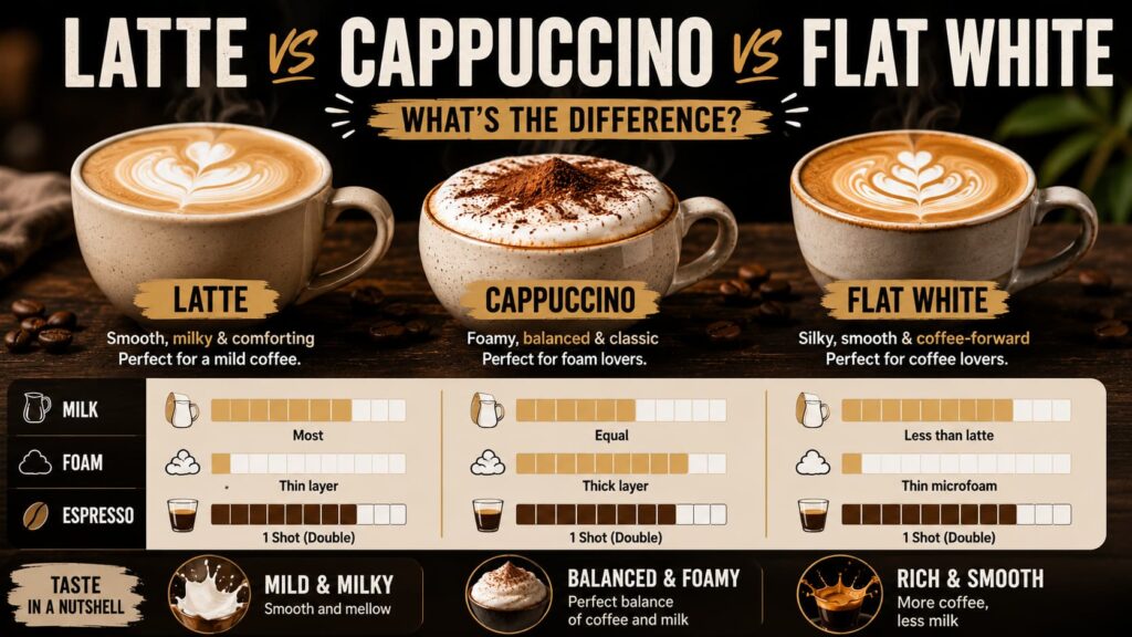 Infographic titled "Latte vs Cappuccino vs Flat White – What's the Difference?" comparing the three most popular milk-based coffee drinks. The graphic features photographs of a latte, cappuccino, and flat white alongside visual comparisons of milk, foam, and espresso ratios. It explains that lattes are the milkiest and mildest, cappuccinos have equal parts coffee, milk, and thick foam for a balanced texture, and flat whites use less milk with silky microfoam for a stronger, coffee-forward flavour. A summary at the bottom describes each drink's taste profile: mild and milky, balanced and foamy, and rich and smooth.
