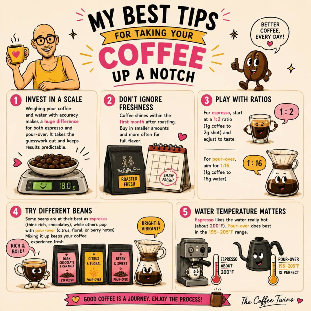 Infographic titled “My Best Tips for Taking Your Coffee Up a Notch” featuring five coffee-brewing tips: using a scale, buying fresh coffee, adjusting brew ratios, trying different beans and using the right water temperature, with playful coffee illustrations, brewing equipment and The Coffee Twins branding at the bottom.