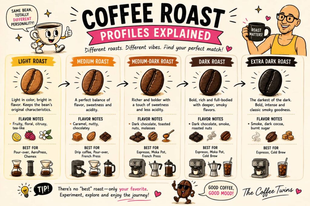Infographic titled “Coffee Roast Profiles Explained” comparing light, medium, medium-dark, dark and extra-dark coffee roasts, showing how bean colour, flavour notes and recommended brewing methods change as the roast gets darker, with playful coffee illustrations and The Coffee Twins branding.