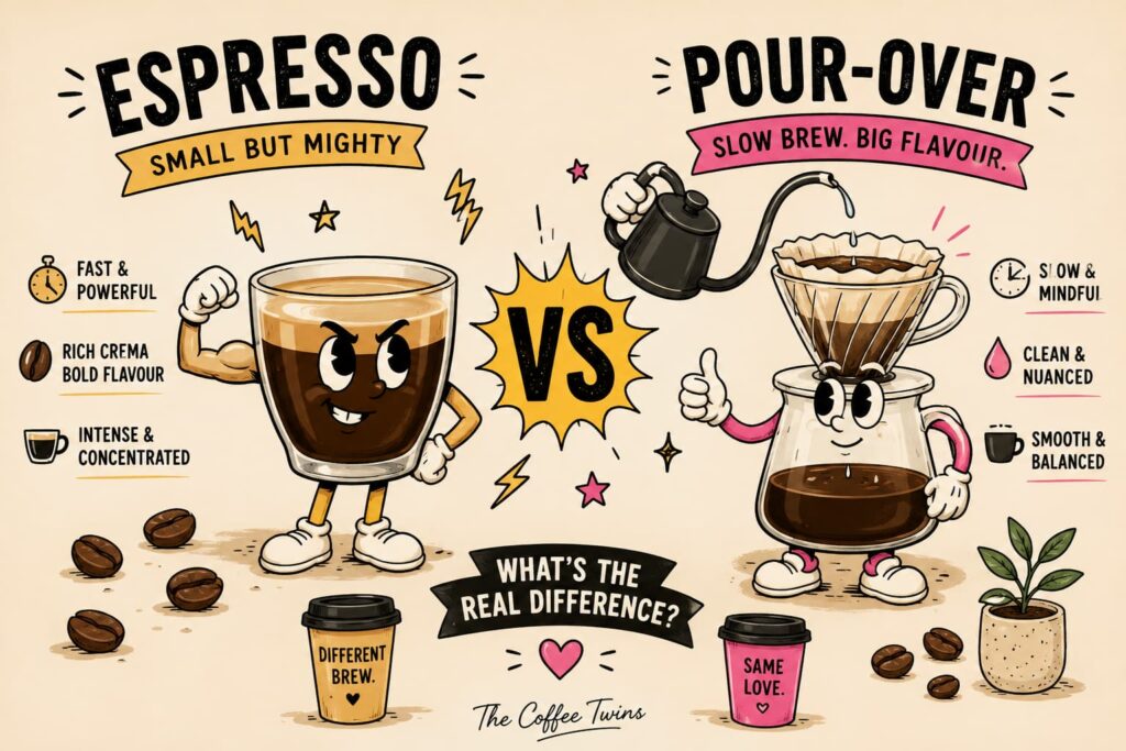 Fun infographic titled “Espresso vs Pour-Over: What’s the Real Difference?” featuring cartoon espresso and pour-over coffee characters facing off, highlighting differences in brewing speed, flavour, strength and drinking experience, with playful illustrations and The Coffee Twins branding at the bottom.