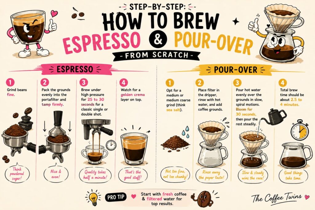 Infographic titled “Step-by-Step: How to Brew Espresso and Pour-Over From Scratch” featuring illustrated guides for both brewing methods, including grinding, brewing and pouring techniques, with cartoon coffee characters, brewing equipment and The Coffee Twins branding at the bottom.