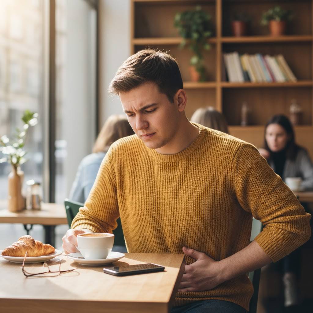 A man in a yellow sweater sitting at a café, holding his stomach in discomfort while looking at a cup of coffee.