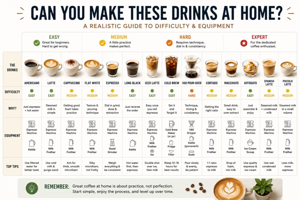 Infographic titled "Can You Make These Drinks at Home?" showing the difficulty and equipment needed to make popular coffee drinks at home. The chart compares drinks including Americano, latte, cappuccino, flat white, espresso, long black, iced latte, cold brew, V60 pour-over, cortado, macchiato, affogato, Spanish latte, and piccolo latte. Each drink is rated from easy to expert and includes recommended equipment, reasons for the difficulty level, and practical tips for home brewing. A note at the bottom reads: "Great coffee at home is about practice, not perfection. Start simple, enjoy the process, and level up over time." Ideal guide for beginners learning how to make café-style coffee drinks at home.