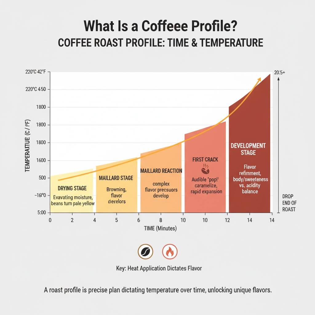 Chart illustrating the coffee roast profile, detailing time and temperature stages during roasting.