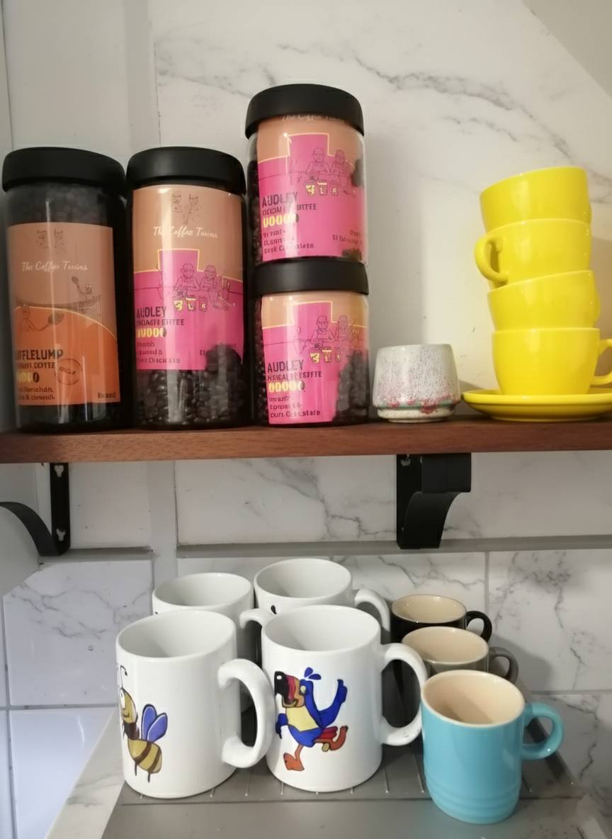 Containers of coffee and various mugs displayed on a shelf from The Coffee Twins.
