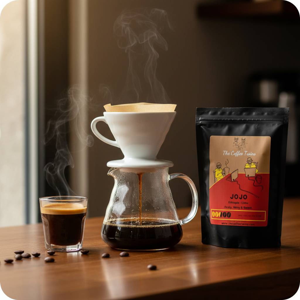 Coffee brewing setup featuring a glass carafe, filter, and JOJO coffee bag from The Coffee Twins.