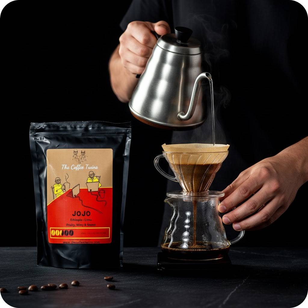 Person pouring hot water from a kettle into a coffee filter containing JOJO coffee from The Coffee Twins.