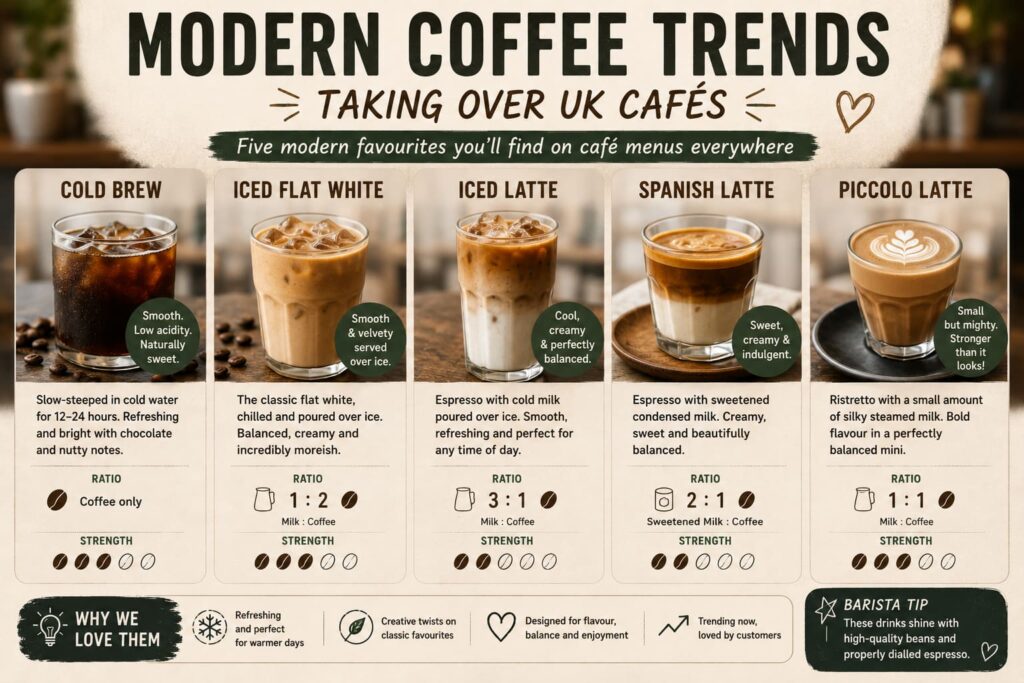 An infographic titled “Modern Coffee Trends Taking Over UK Cafés” featuring five popular drinks: cold brew, iced flat white, iced latte, Spanish latte, and piccolo latte. Each drink is shown with a photo, a short description, a ratio guide, and a strength rating. A footer explains why these drinks are trending and includes a barista tip about using high-quality beans and well-prepared espresso.