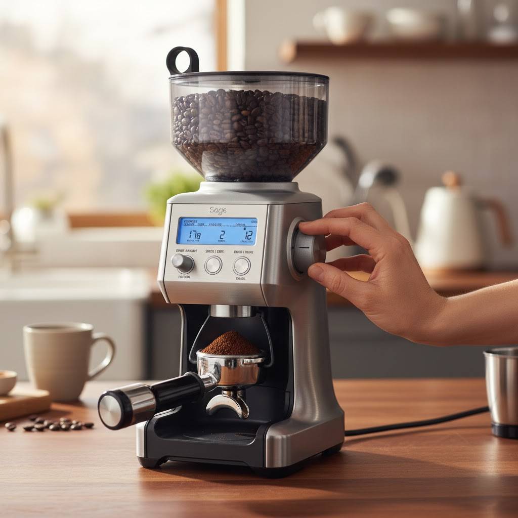 Sage coffee grinder with beans in the hopper and ground coffee in the portafilter.