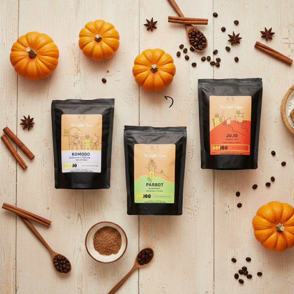 Three coffee bags labeled Komodo, Parrot, and Jojo placed on a wooden surface with pumpkins and coffee beans.