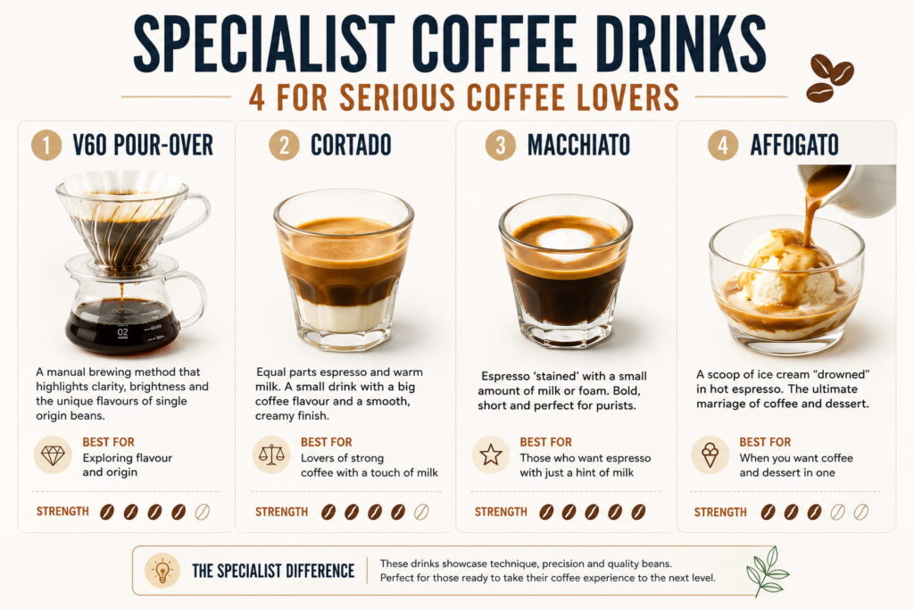 Infographic titled "Specialist Coffee Drinks: 4 for Serious Coffee Lovers" comparing four speciality coffee drinks: V60 pour-over, cortado, macchiato, and affogato. The light-coloured chart explains the flavour profile, strength, and best occasions for each drink, featuring photos of each beverage and highlighting the differences between manual brew coffee, espresso with milk, and coffee-based desserts. Ideal guide for coffee lovers exploring the best speciality coffee drinks in the UK.