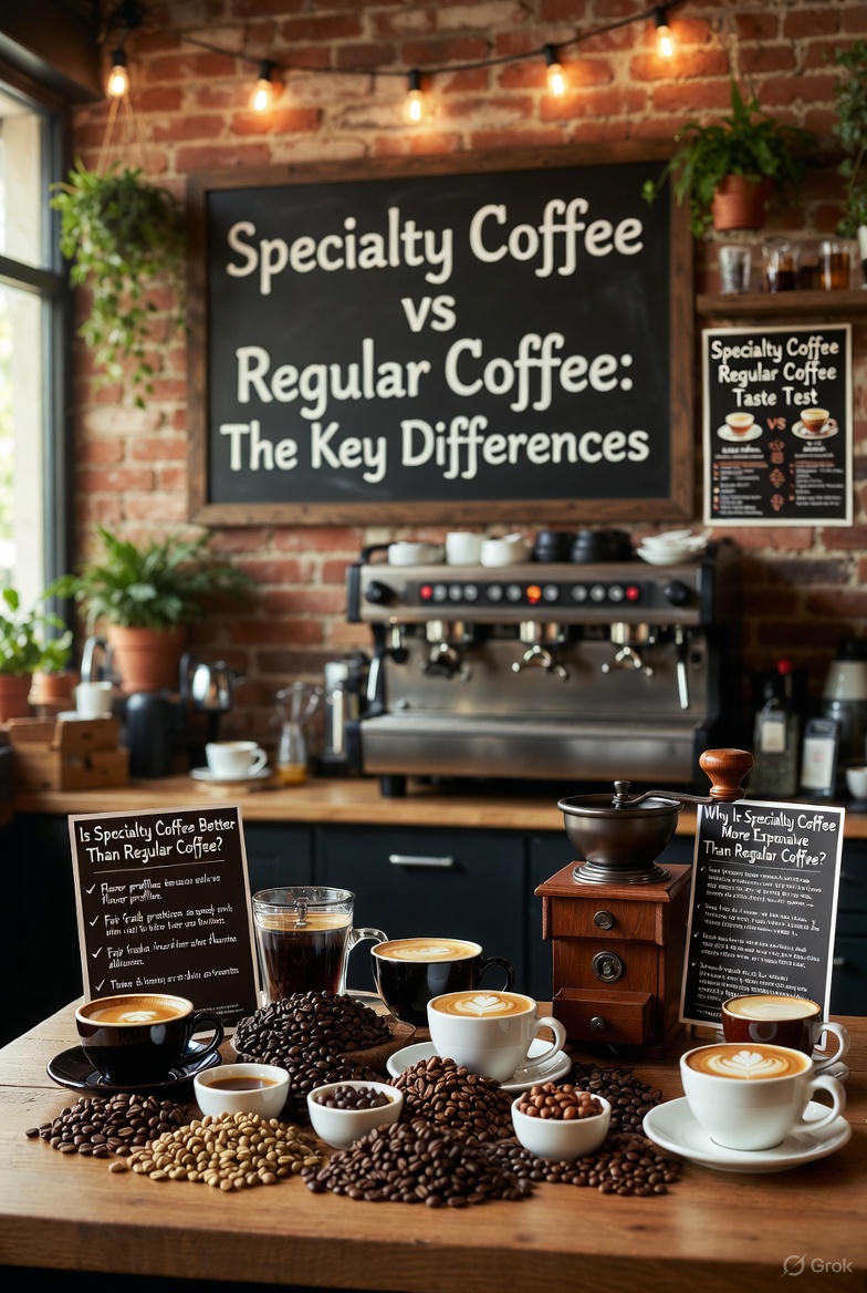 A sign in a coffee shop saying Speciality coffee vs regular coffee; the key differences.