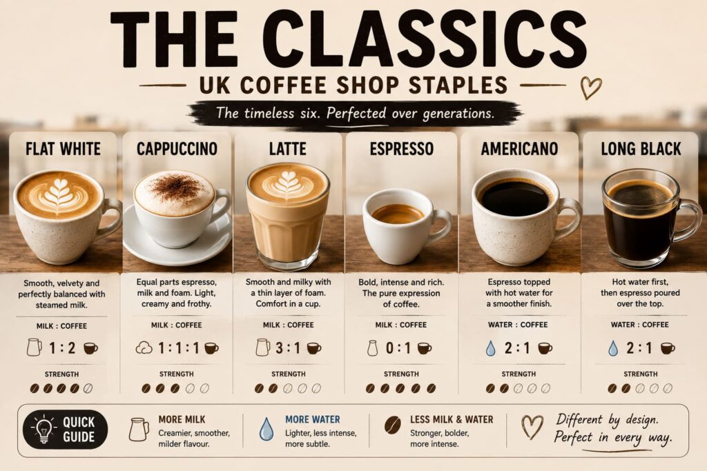 An infographic titled “The Classics: UK Coffee Shop Staples” showcases six traditional coffee drinks arranged side by side: flat white, cappuccino, latte, espresso, Americano, and long black. Each drink is pictured in its typical cup or glass and includes a short description, a simple milk-to-coffee or water-to-coffee ratio, and a strength rating shown with coffee bean icons. The flat white is described as smooth and velvety, the cappuccino as light and frothy, the latte as milky and comforting, the espresso as bold and intense, the Americano as espresso topped with hot water, and the long black as hot water with espresso poured over the top. A quick guide at the bottom explains that more milk creates a creamier, milder drink, while more water produces a lighter, less intense coffee.
