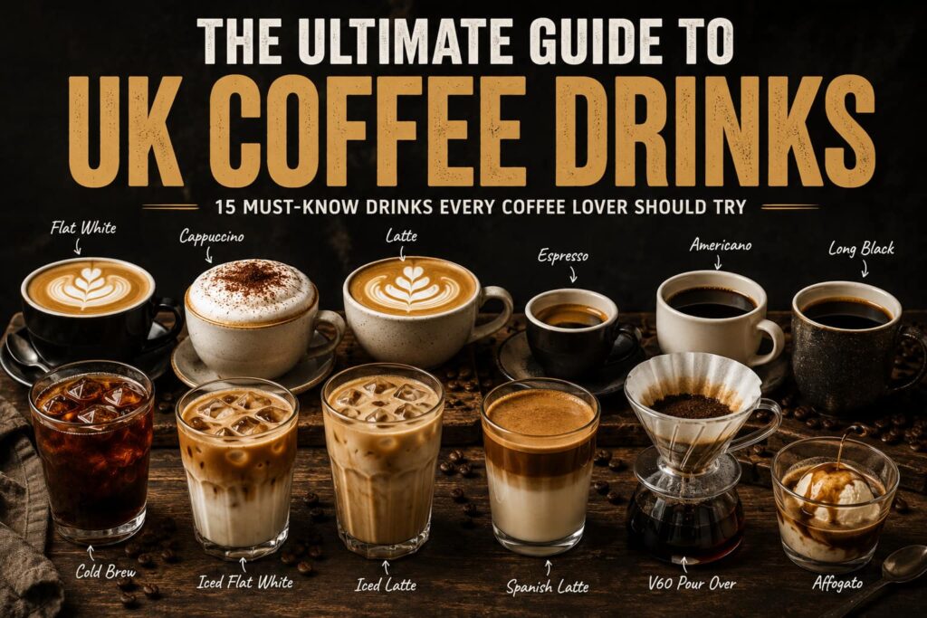 Featured image titled "The Ultimate Guide to UK Coffee Drinks" showing a selection of popular coffee drinks arranged on a rustic wooden table. The image includes a flat white, cappuccino, latte, espresso, Americano, long black, cold brew, iced flat white, iced latte, Spanish latte, V60 pour-over, and affogato, with each drink labelled. Large bold text at the top reads "UK Coffee Drinks" with the subtitle "15 Must-Know Drinks Every Coffee Lover Should Try." The warm, café-style scene is decorated with scattered coffee beans and a dark, cinematic background.