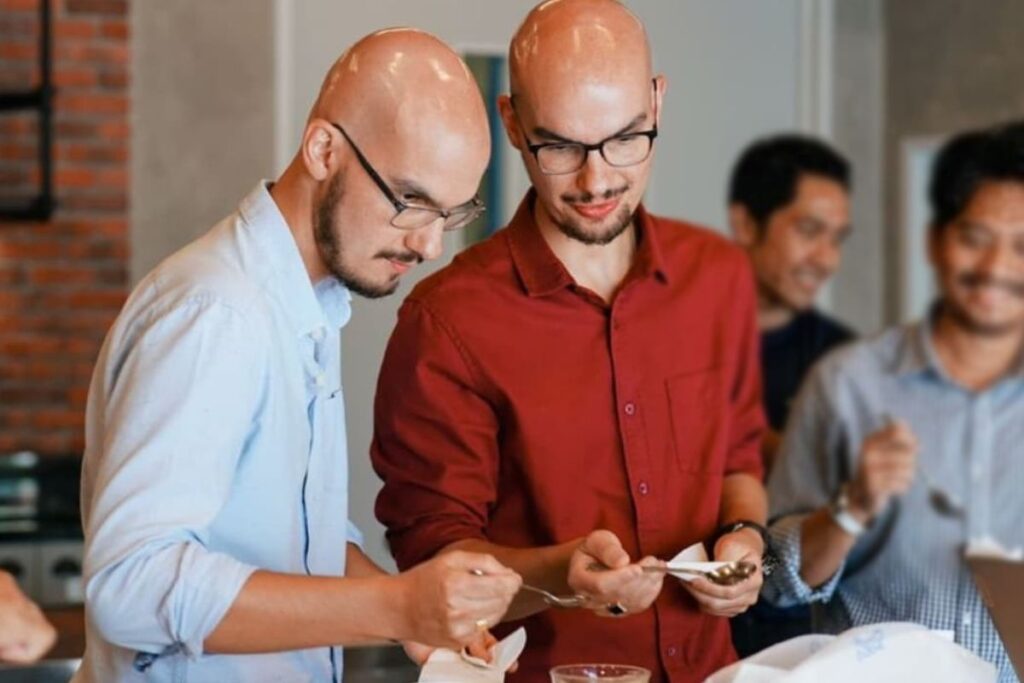 Raja and Jeremiah having a cupping session at the roastery