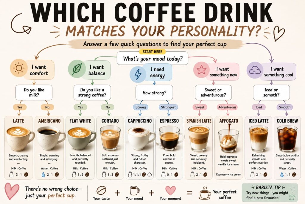 Alt text: Infographic titled “Which Coffee Drink Matches Your Personality?” featuring a colourful decision chart that recommends coffee drinks including latte, flat white, cappuccino, espresso, Spanish latte, affogato, iced latte and cold brew based on your mood, taste preferences and personality.
