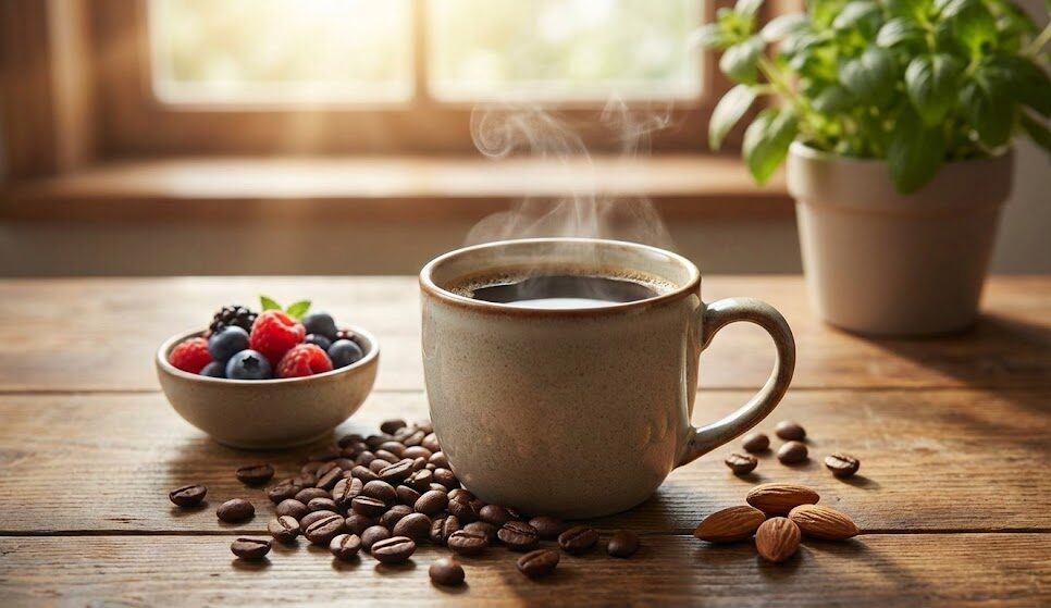 A speckled ceramic mug filled with steaming dark coffee sits on a rustic wooden table, surrounded by scattered coffee beans and almonds. To the left is a small bowl with raspberries and blueberries. In the sunlit background, a green potted plant rests on a window sill. The overall mood is warm and inviting.