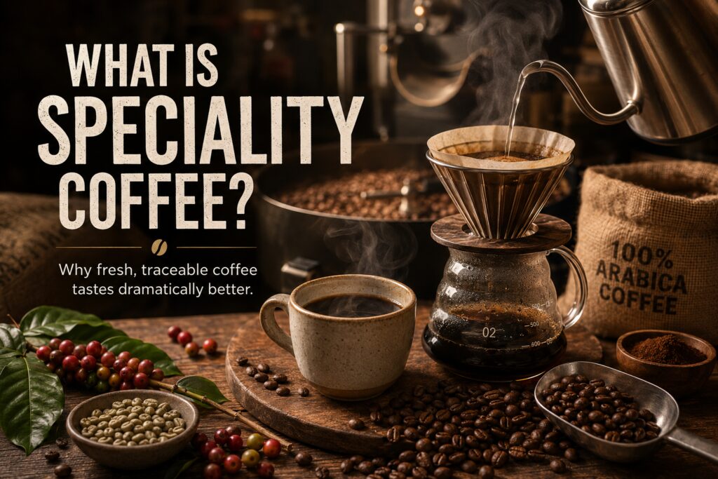 Illustrated guide to speciality coffee featuring a pour-over brewer, freshly roasted coffee beans, green coffee beans, coffee cherries, and a steaming mug of coffee. Educational infographic explaining what speciality coffee is, how traceable Arabica beans are sourced and roasted, and why fresh speciality coffee tastes better than commodity coffee.