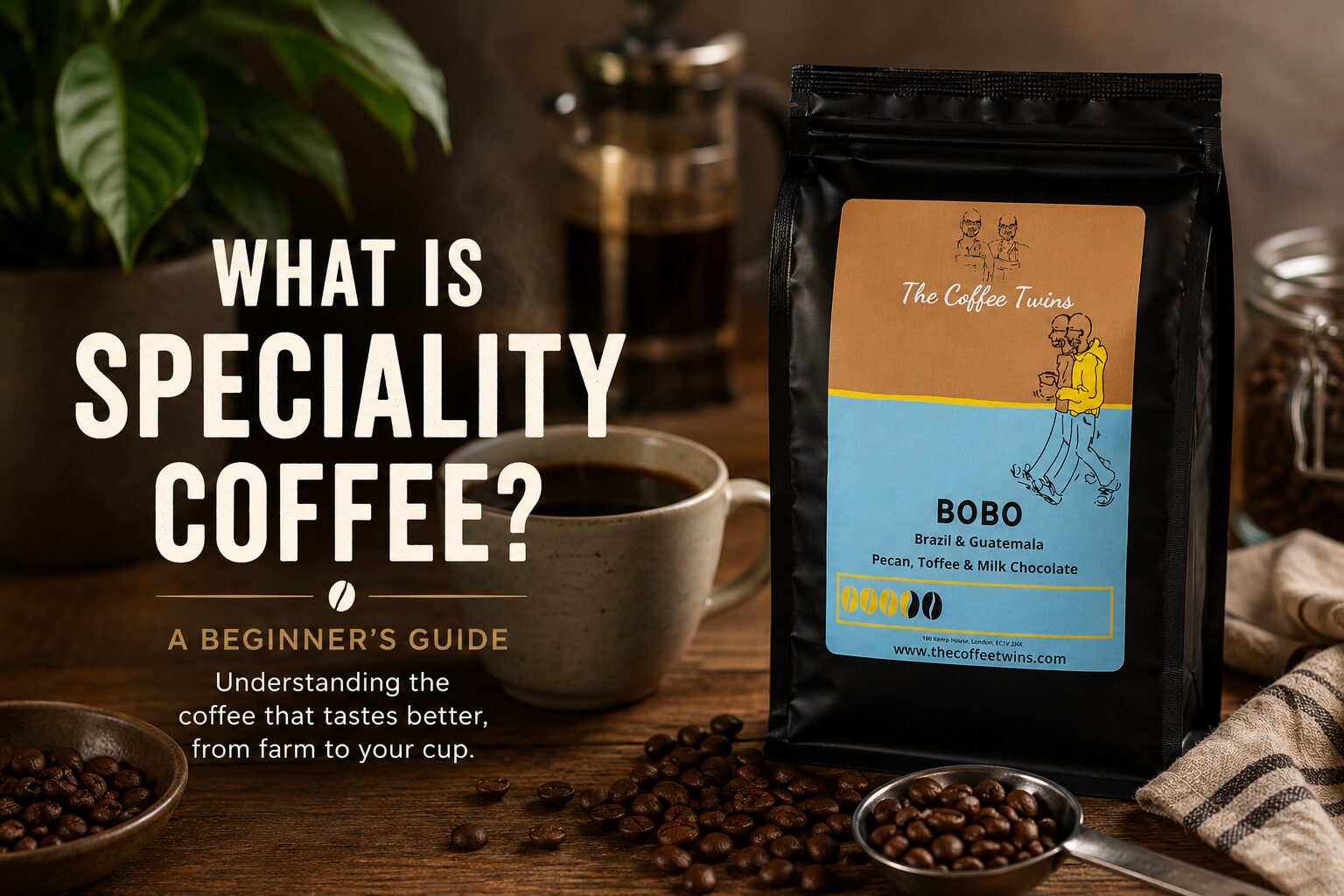 Bobo speciality coffee beans by The Coffee Twins displayed on a rustic wooden table beside a freshly brewed coffee, cafetière, and scattered coffee beans. Featured image for a beginner's guide explaining what speciality coffee is, how it differs from regular coffee, and why fresh-roasted Arabica coffee delivers better flavour.