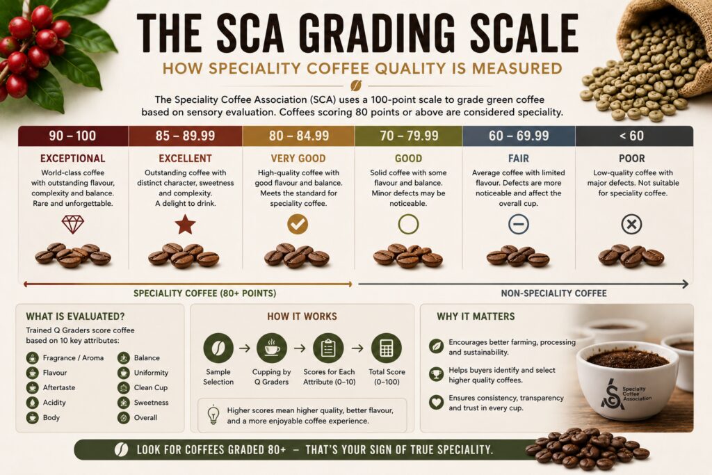SCA coffee grading scale infographic explaining how speciality coffee is scored using the Specialty Coffee Association's 100-point system. Educational chart showing coffee quality grades from 90–100 (Exceptional) to below 60 (Poor), highlighting that speciality coffee must score 80 points or higher. Includes information on Q Graders, coffee cupping, flavour evaluation, aroma, acidity, body, sweetness, and the standards used to classify speciality coffee.
