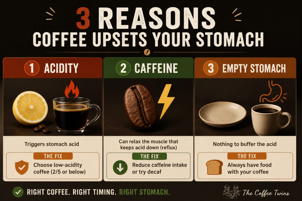 Infographic showing the three main reasons coffee can upset your stomach: acidity, caffeine, and drinking coffee on an empty stomach, with practical solutions including low-acid coffee, decaf, and eating before drinking coffee.