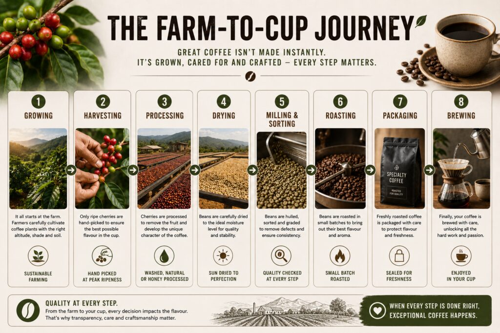 Farm-to-cup speciality coffee infographic showing the journey of coffee from hand-picked cherries on the farm to processing, roasting, and brewing. Educational visual explaining how traceable coffee is grown, harvested, processed, roasted, and prepared to create high-quality speciality coffee. Illustrates the importance of origin, freshness, roasting, and craftsmanship in producing exceptional coffee flavour.