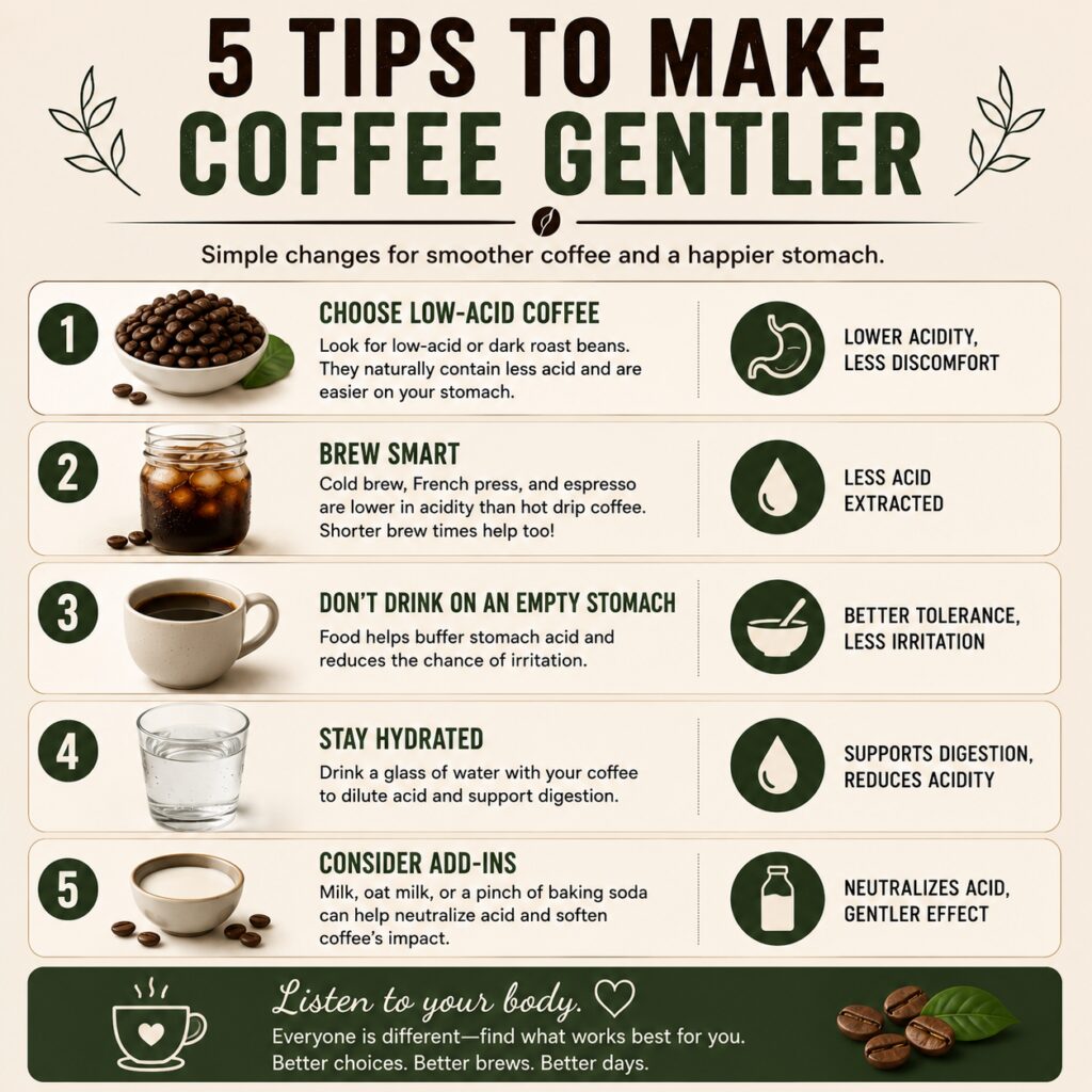 Infographic explaining why cold brew is one of the lowest-acid coffee brewing methods, featuring an acidity comparison chart that ranks cold brew as the gentlest option for sensitive stomachs. The graphic highlights how cold-water extraction and long steeping times reduce acidity, while outlining the digestive benefits of cold brew and providing a simple four-step brewing guide.