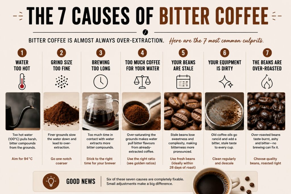 Infographic showing the seven most common causes of bitter coffee: water that is too hot, grind size that is too fine, brewing for too long, using too much coffee for the amount of water, stale coffee beans, dirty brewing equipment, and over-roasted beans. The graphic explains how each factor contributes to over-extraction and bitter flavours, with practical fixes such as using 94°C water, adjusting grind size, shortening brew times, cleaning equipment, and choosing freshly roasted speciality coffee.