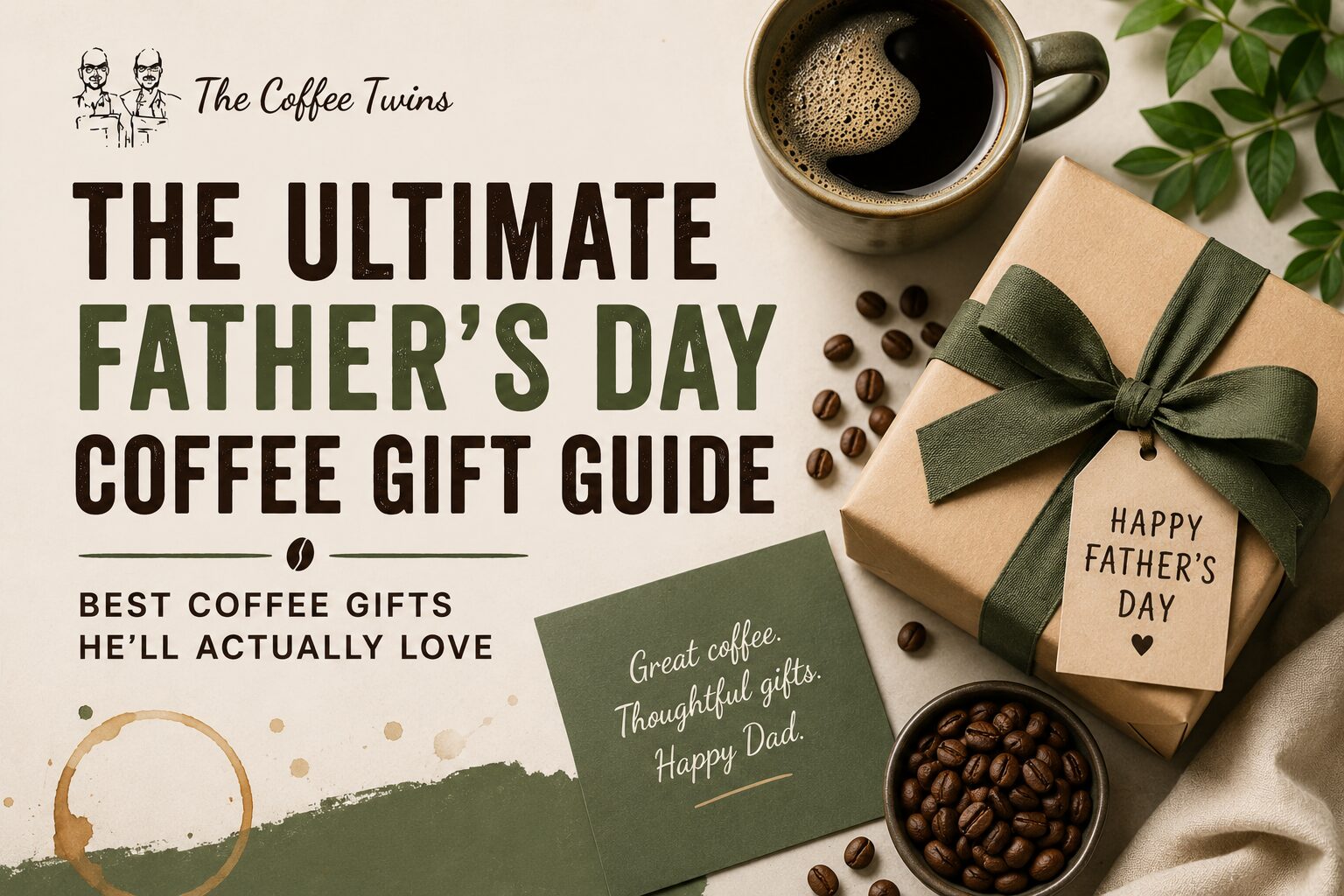 Father’s Day coffee gift guide featuring a wrapped gift box, freshly brewed black coffee, roasted coffee beans and a Father’s Day card. The Coffee Twins promotional graphic highlights the best coffee gifts for dads in the UK, including speciality coffee, coffee subscriptions and thoughtful Father’s Day presents.