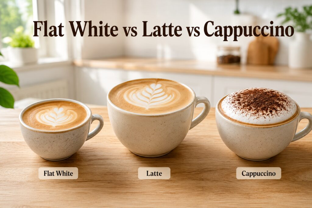 Side-by-side comparison of a flat white, latte, and cappuccino on a light wooden countertop in a bright modern kitchen. The flat white is served in a small ceramic cup with thin silky microfoam and delicate latte art, the latte is larger with more milk and a larger latte art pattern, and the cappuccino features a thick airy foam layer dusted with cocoa powder. A heading reads “Flat White vs Latte vs Cappuccino,” helping illustrate the visual differences between the three popular espresso-based drinks.