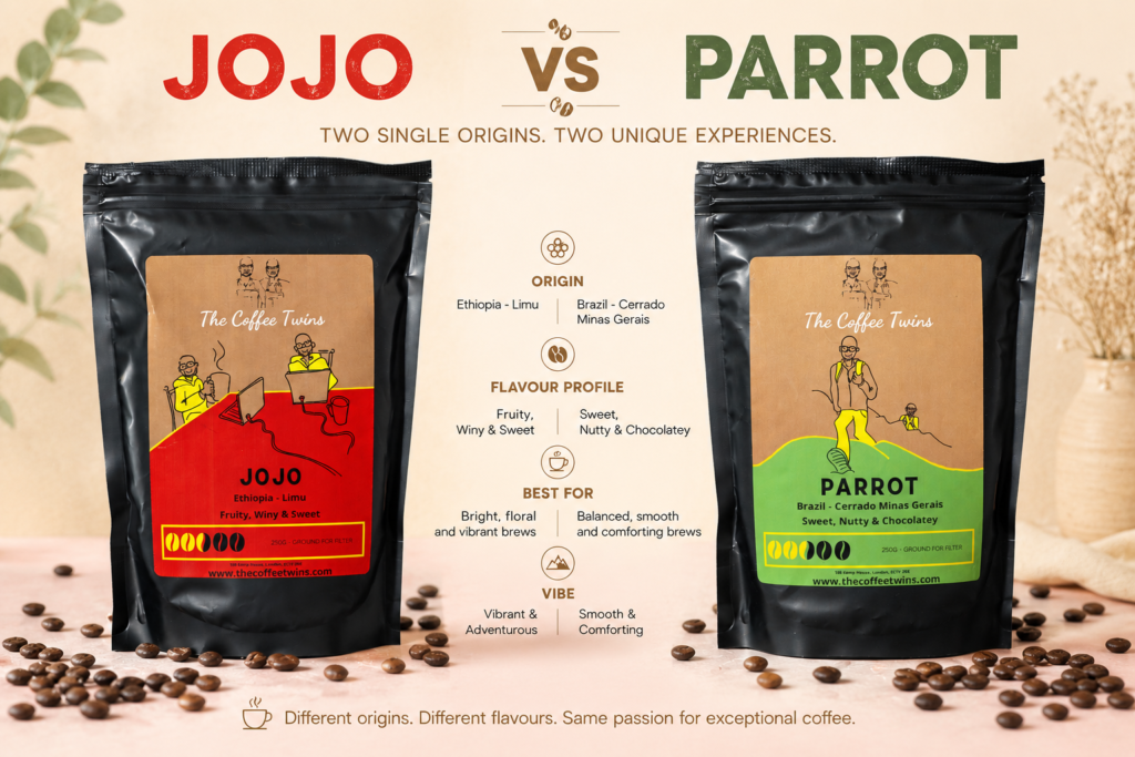 Educational comparison infographic featuring two Coffee Twins light roast coffees: Jojo and Parrot. The Jojo bag is displayed on the left against a warm pastel background with subtle floral accents, representing its Ethiopian Limu origin and bright, fruity, winy flavour profile. The Parrot bag appears on the right against soft green botanical tones, highlighting its Brazilian Cerrado Minas Gerais origin and sweet, nutty, chocolatey character. A central comparison panel summarises each coffee's origin, flavour profile, ideal brewing style, and overall tasting experience. The light, airy colour palette reflects the bright and vibrant nature of light roast coffee while visually contrasting the distinctive flavour profiles of the two single-origin coffees.