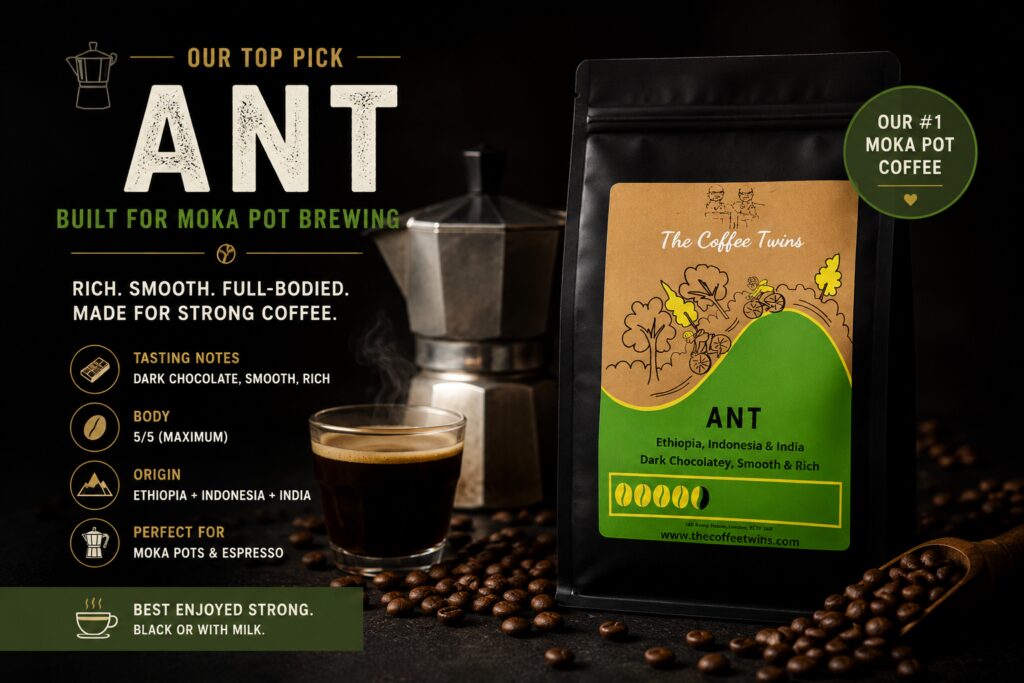 Ant coffee blend product hero image featuring The Coffee Twins' Ant speciality coffee bag alongside a traditional moka pot, steaming espresso, and scattered coffee beans. Promotional coffee graphic highlighting Ant as the best coffee for moka pot brewing, with tasting notes of dark chocolate, smoothness, and richness. Showcases a full-bodied Ethiopia, Indonesia, and India blend designed for strong stovetop espresso-style coffee and milk-based drinks. Ideal for UK moka pot coffee enthusiasts.