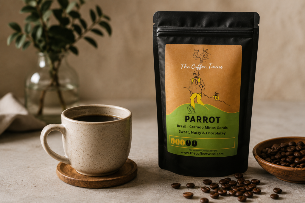Bag of The Coffee Twins Parrot Brazilian single-origin coffee standing beside a ceramic mug of freshly brewed black coffee on a neutral stone surface. Roasted coffee beans are scattered around the scene, with a bowl of beans and soft-focus greenery in the background. The image highlights Parrot coffee from Cerrado Minas Gerais, Brazil, in a warm, natural lifestyle setting.