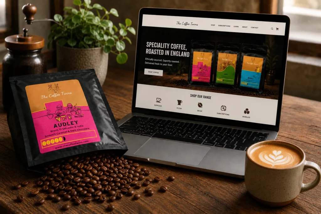 A warm lifestyle photograph showing an open laptop displaying an online coffee shop on a rustic wooden table beside an authentic Audley coffee bag with beans spilling out onto the surface. A plain ceramic mug with latte art sits in the foreground, accompanied by a hand grinder and potted plant in soft natural window light. The image creates a cosy, premium speciality coffee atmosphere and represents buying freshly roasted coffee beans online in the UK