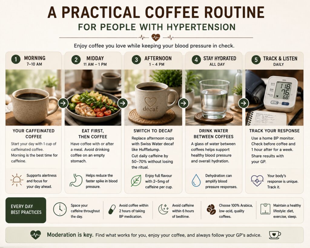 Infographic illustrating a practical daily coffee routine for people with high blood pressure. The graphic outlines a step-by-step approach to enjoying coffee while managing hypertension, including having caffeinated coffee in the morning, eating before drinking coffee, switching to decaf in the afternoon, staying hydrated between cups, and monitoring blood pressure responses at home. It also provides best-practice tips such as spacing caffeine intake throughout the day, avoiding coffee close to bedtime or medication, and choosing low-acid, 100% Arabica coffees for a more balanced routine.