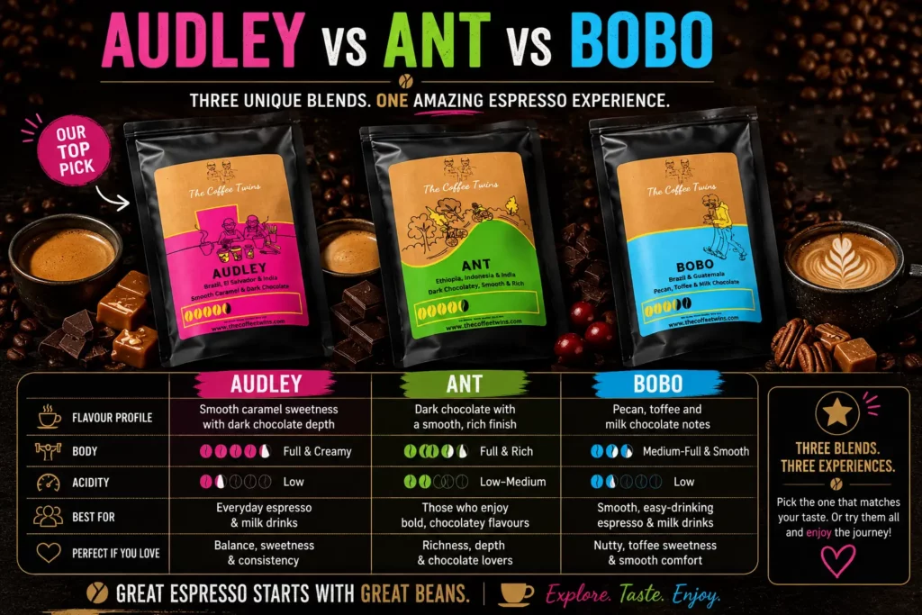 Educational comparison infographic featuring The Coffee Twins' three espresso blends: Audley, Ant, and Bobo. The authentic coffee bags are displayed side by side against a premium dark coffee-themed background, each accompanied by tasting notes and key characteristics. Audley is highlighted as the top all-round choice with smooth caramel and dark chocolate flavours, Ant is presented as the richer, more complex option with bold dark chocolate notes, and Bobo is positioned as the smooth, beginner-friendly blend with pecan, toffee, and milk chocolate flavours. A comparison table summarises each blend's flavour profile, body, acidity, and ideal coffee drinker, helping readers choose the best espresso coffee for their taste preferences and brewing style.