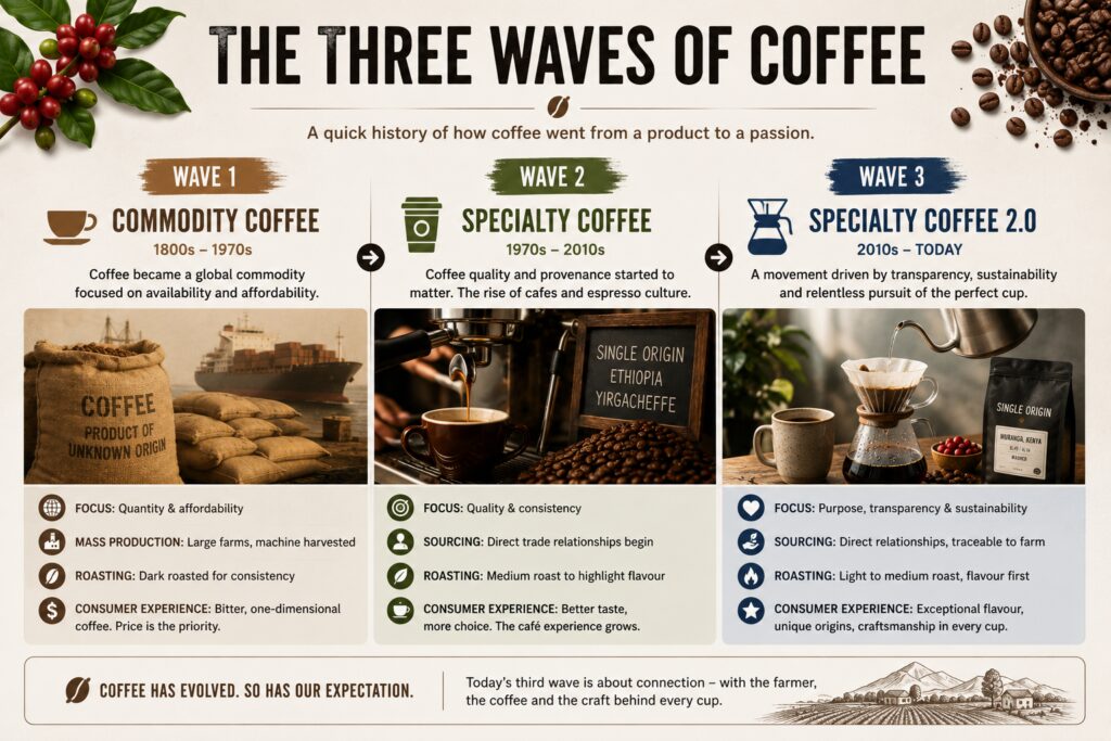 Three Waves of Coffee infographic showing the evolution of coffee from commodity coffee to speciality coffee. Educational timeline comparing first-wave mass-produced coffee, second-wave café culture and espresso, and third-wave speciality coffee focused on traceability, sustainability, single-origin beans, and craft roasting. Visual guide explaining the history of speciality coffee and how coffee quality has evolved over time.