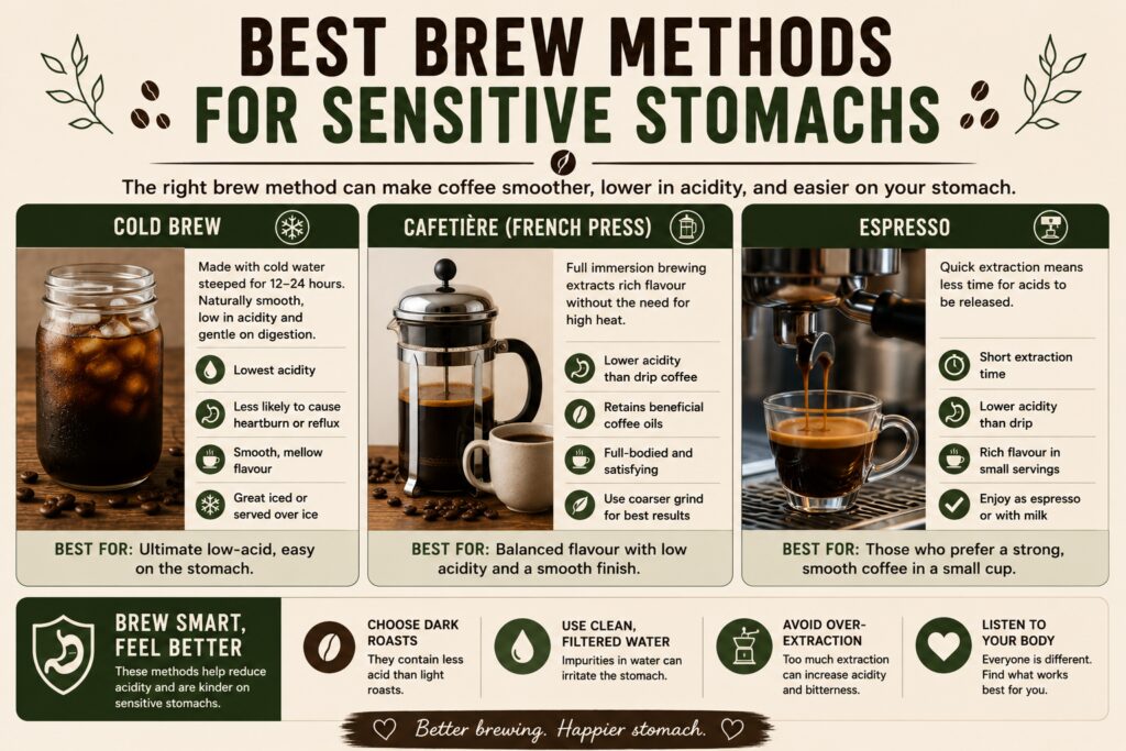 Infographic comparing the best brew methods for sensitive stomachs, featuring cold brew, cafetière (French press), and espresso. The graphic explains how each method can reduce acidity and improve coffee comfort, highlighting cold brew as the lowest-acid option, cafetière for balanced low-acid flavour, and espresso for smooth, concentrated coffee with shorter extraction times.